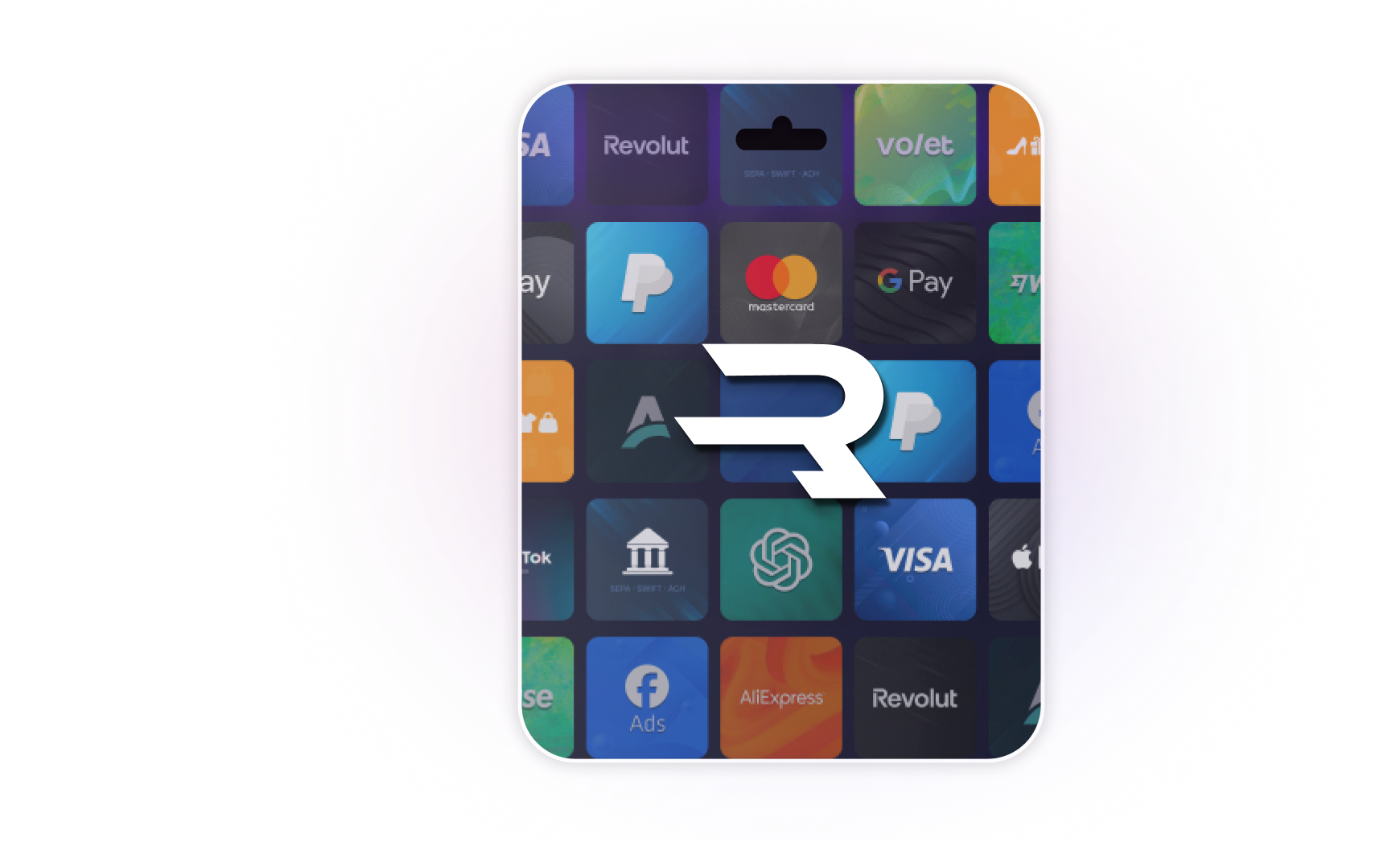 A digital gift card featuring a large "R" logo in front of a grid of app icons, including TikTok, PayPal, Google Pay, and Visa logos.